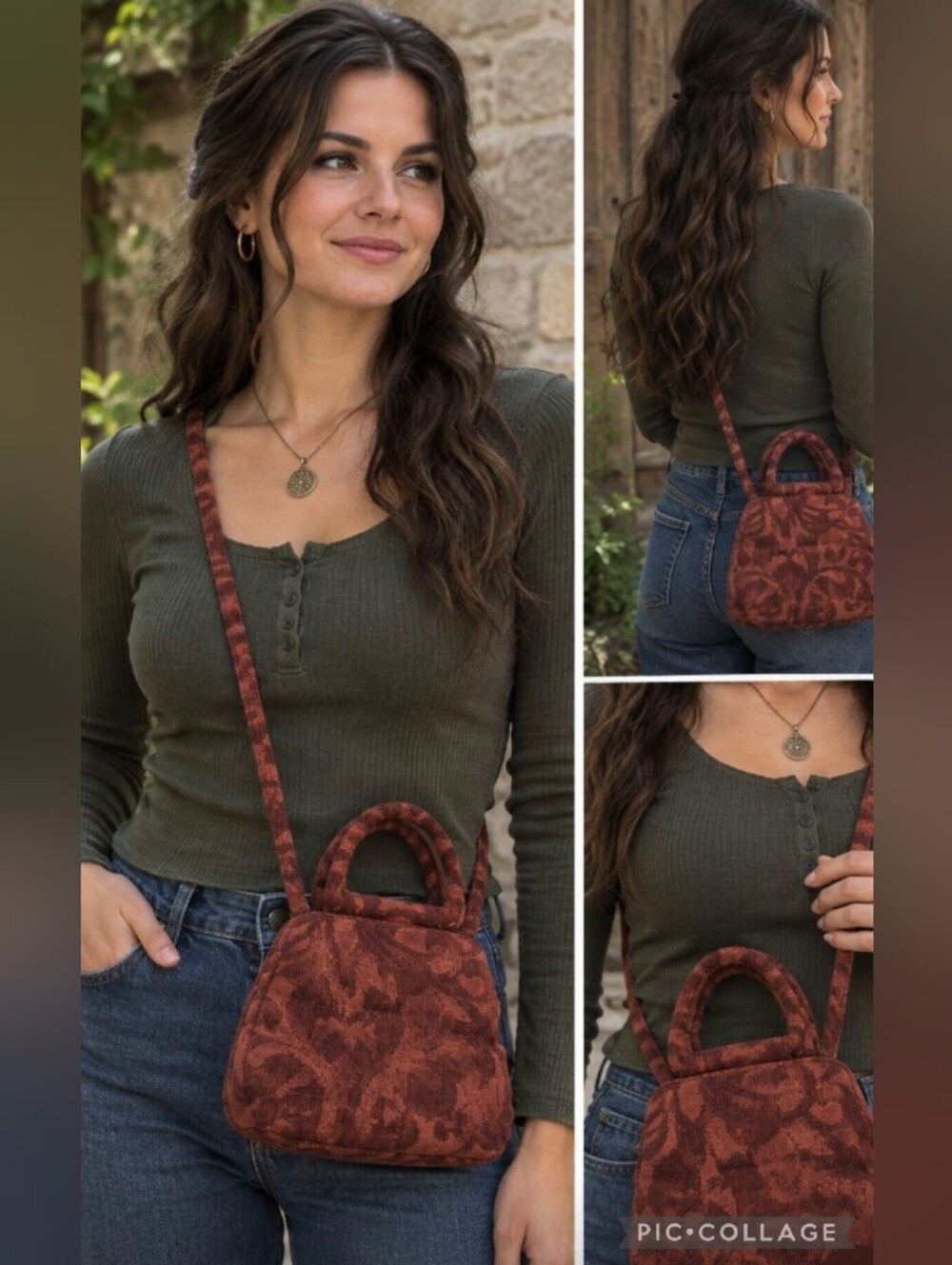 Vintage Fossil Burgundy Oxblood Red Carpet Bag Crossbody Tapestry Shoulder Bag